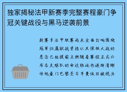 独家揭秘法甲新赛季完整赛程豪门争冠关键战役与黑马逆袭前景