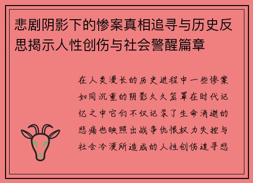 悲剧阴影下的惨案真相追寻与历史反思揭示人性创伤与社会警醒篇章